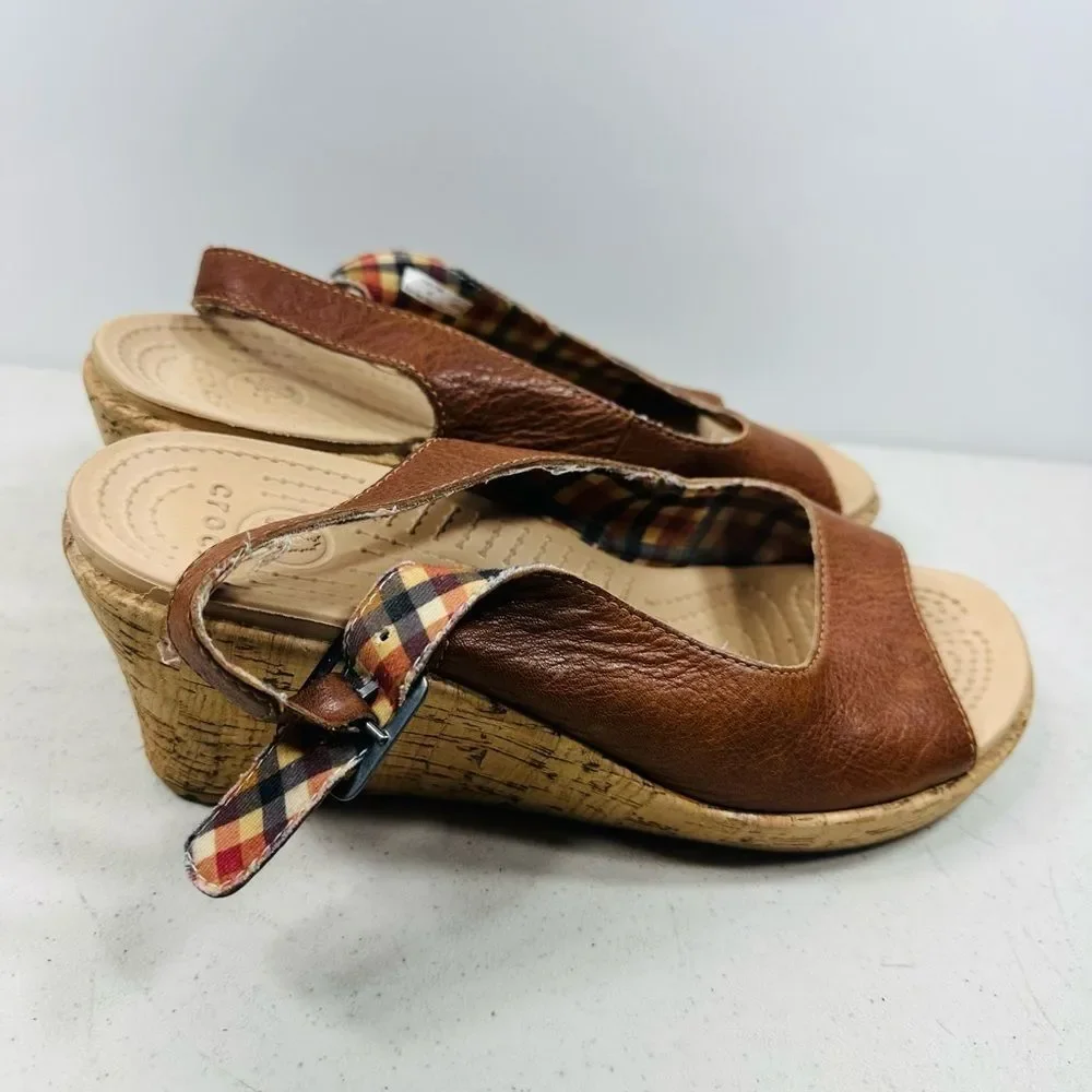 Crocs A-Leigh Brown Leather Slingback Cork Wedge Heels Sandals- Womens Size US 8